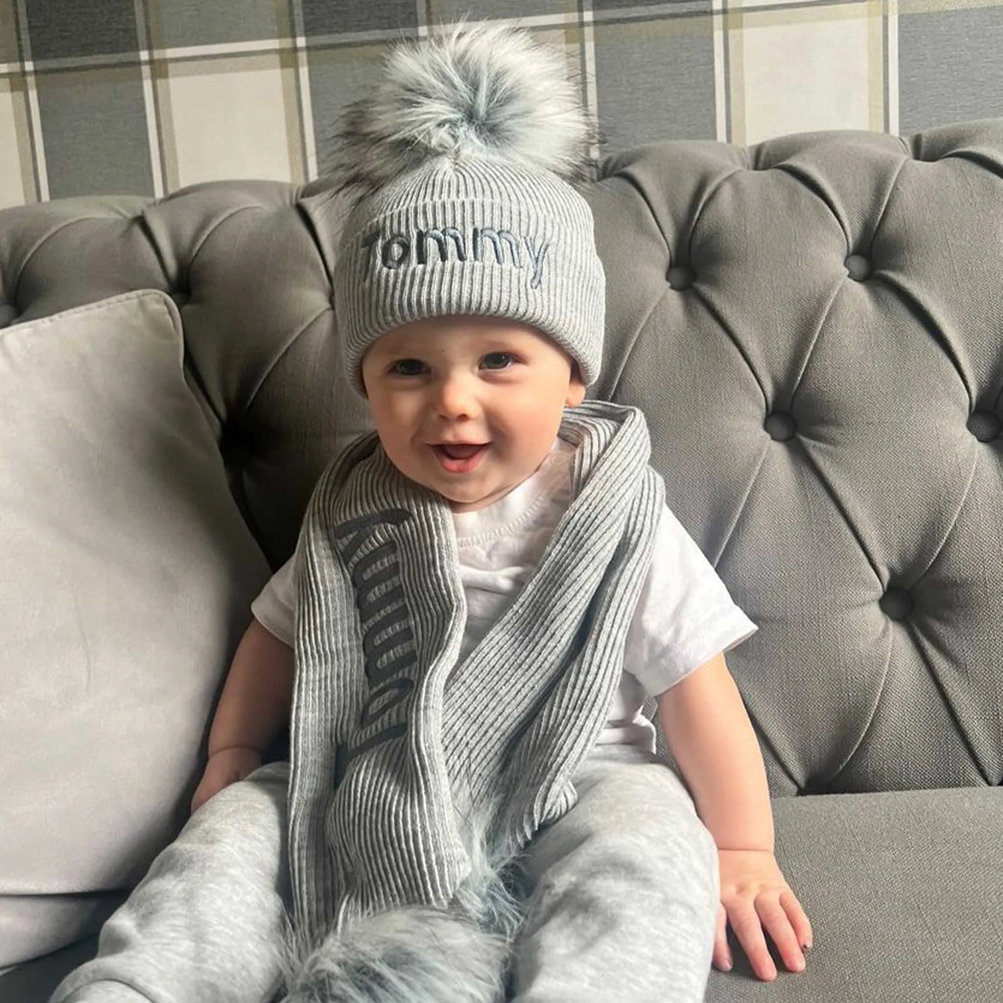 Personalised Baby Scarf Grey with Faux Fur pom poms