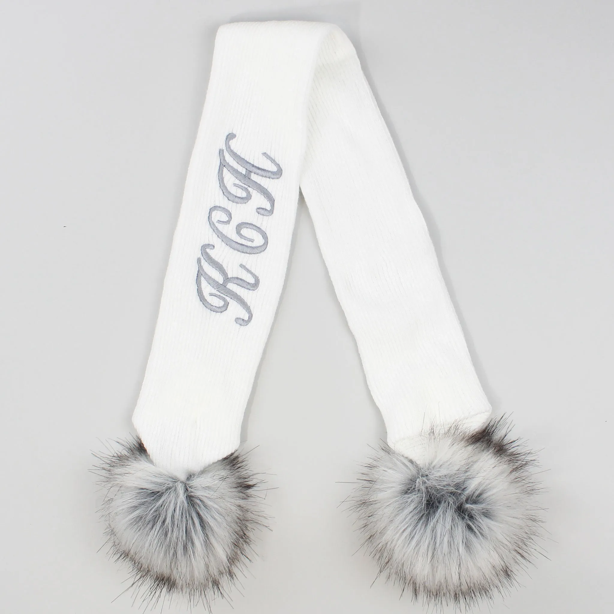 Personalised Baby Scarf White with Faux Fur pom poms