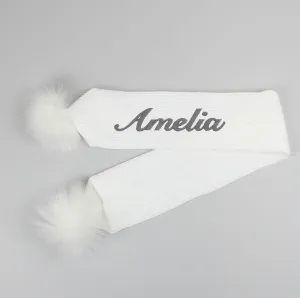 Personalised Baby Scarf White with White Faux Fur pom poms