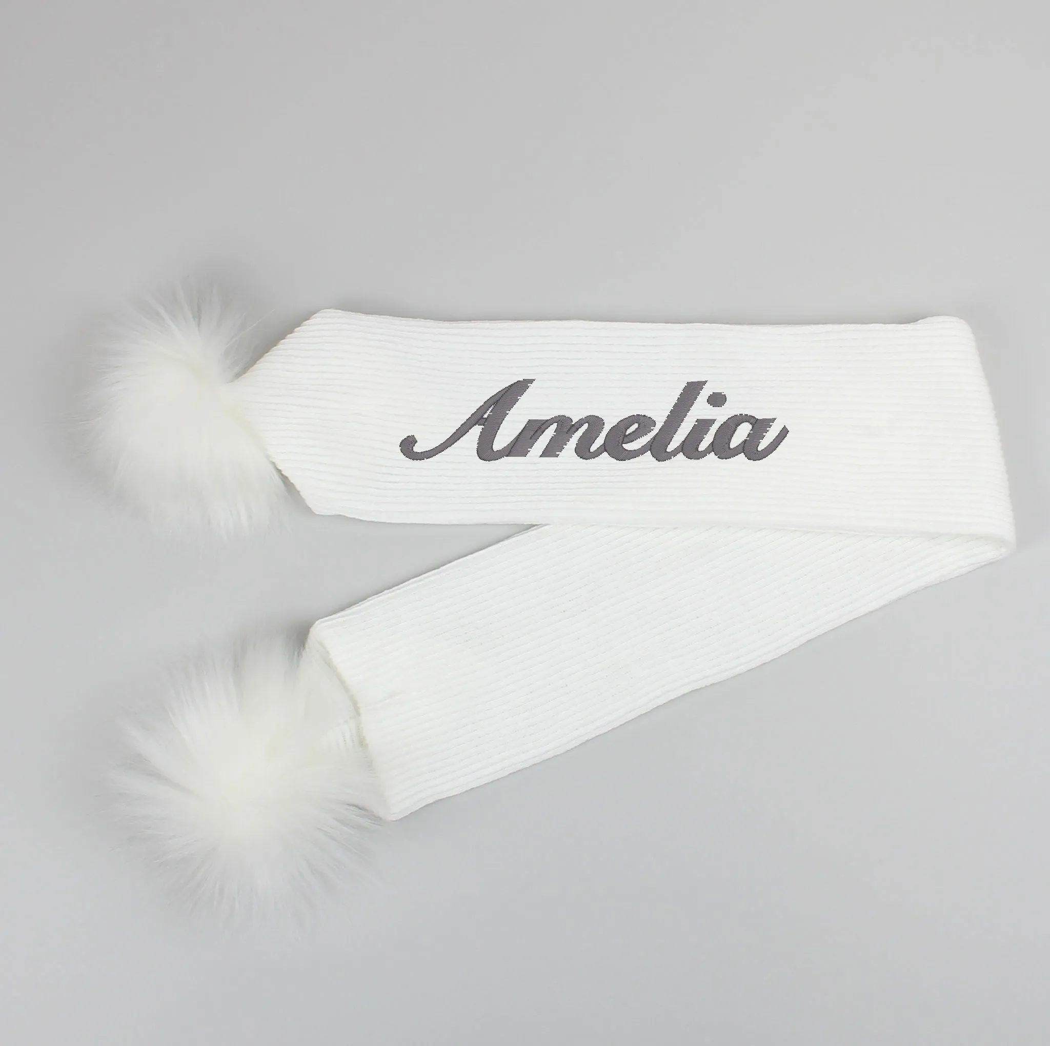 Personalised Baby Scarf White with White Faux Fur pom poms