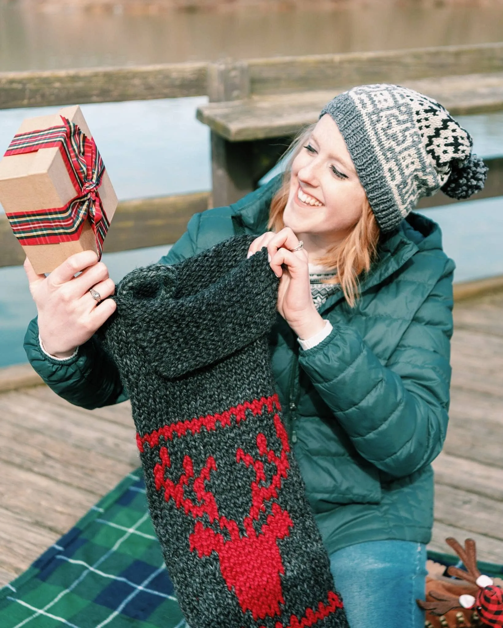 Personalized Reindeer Antlers Christmas Stocking - Large Hand Knit Customized for Kids and Family