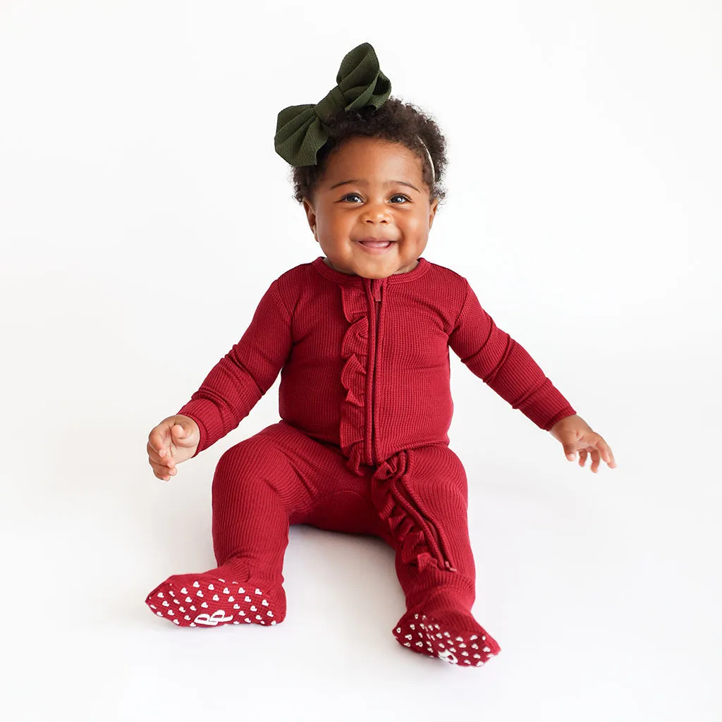 Posh Peanut Bordeaux Waffle Ruffled Zippered Footie