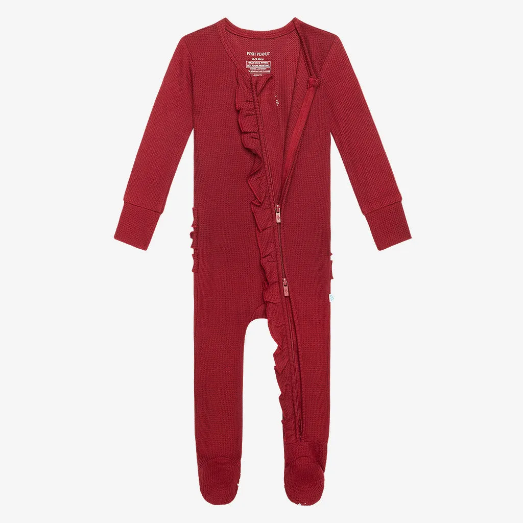 Posh Peanut Bordeaux Waffle Ruffled Zippered Footie