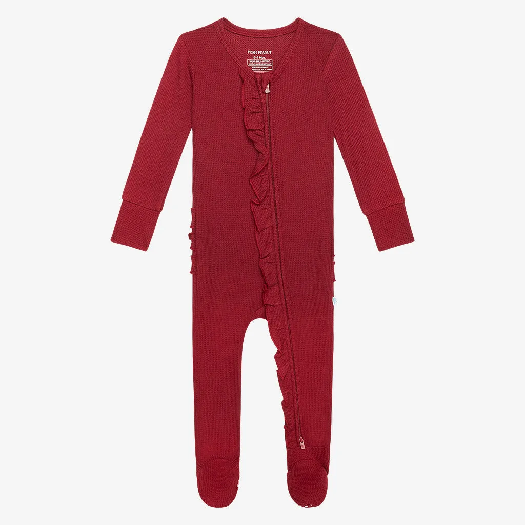 Posh Peanut Bordeaux Waffle Ruffled Zippered Footie