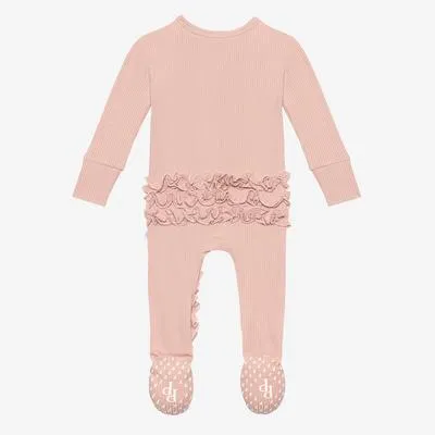 Posh Peanut Sweet Pink Ribbed Footie Ruffled Zippered One Piece