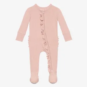 Posh Peanut Sweet Pink Ribbed Footie Ruffled Zippered One Piece