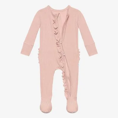 Posh Peanut Sweet Pink Ribbed Footie Ruffled Zippered One Piece