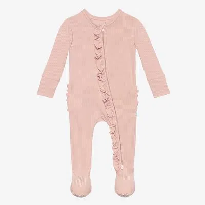 Posh Peanut Sweet Pink Ribbed Footie Ruffled Zippered One Piece