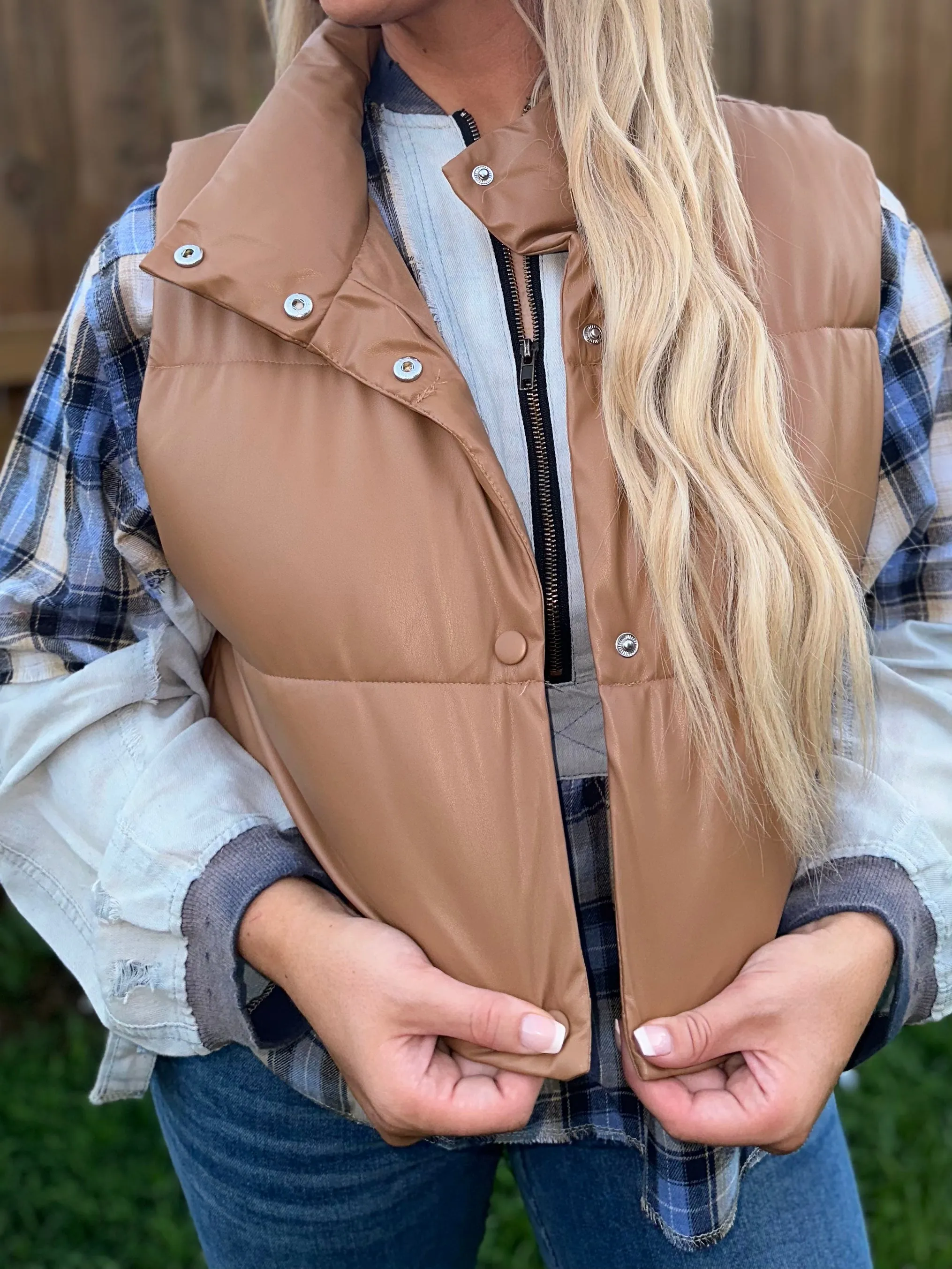 PU Faux Leather puffer West With Snap Button