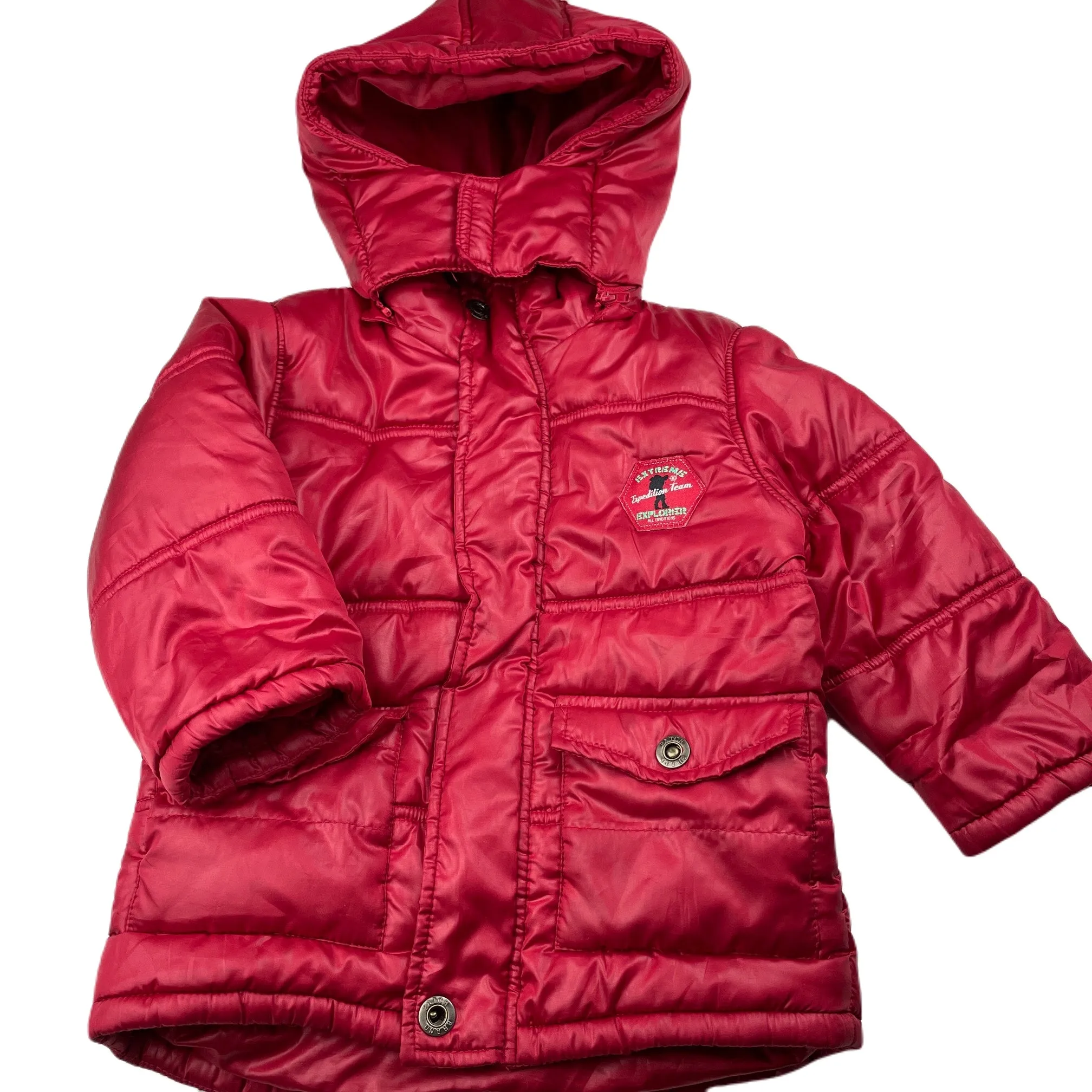 Pumpkin Patch red puffer jacket / coat, detachable hood, size 2, Pre-loved