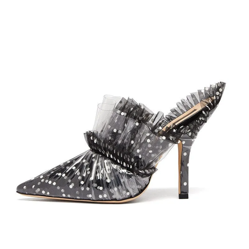 PVC Covered High Heel Dotted Mules Elegant Pointed Toe High Heel Party Shoes Women Dress Slides