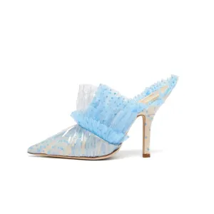 PVC Covered High Heel Dotted Mules Elegant Pointed Toe High Heel Party Shoes Women Dress Slides