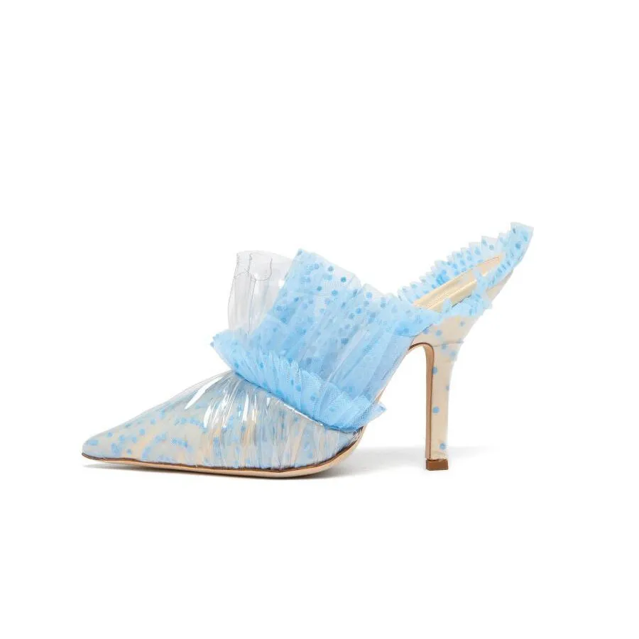 PVC Covered High Heel Dotted Mules Elegant Pointed Toe High Heel Party Shoes Women Dress Slides