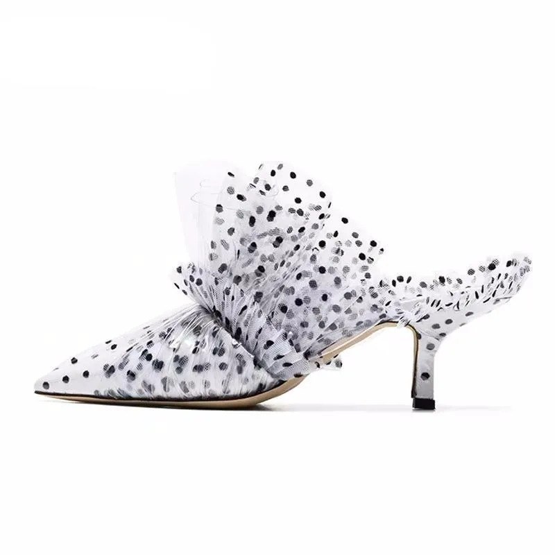 PVC Covered High Heel Dotted Mules Elegant Pointed Toe High Heel Party Shoes Women Dress Slides