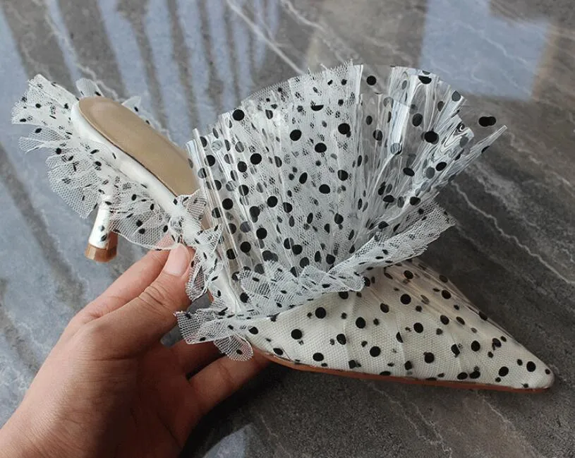 PVC Covered High Heel Dotted Mules Elegant Pointed Toe High Heel Party Shoes Women Dress Slides