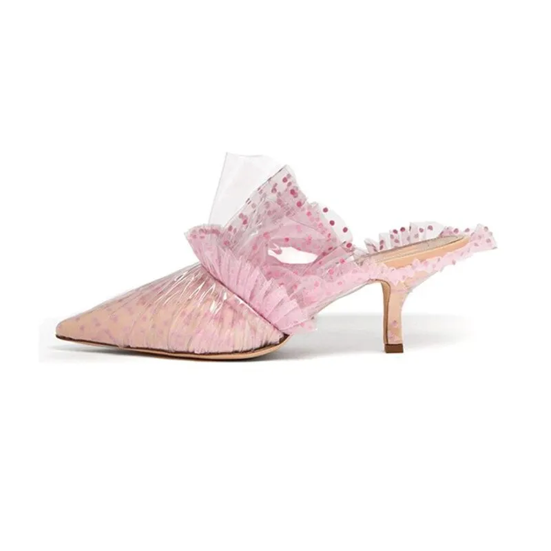 PVC Covered High Heel Dotted Mules Elegant Pointed Toe High Heel Party Shoes Women Dress Slides