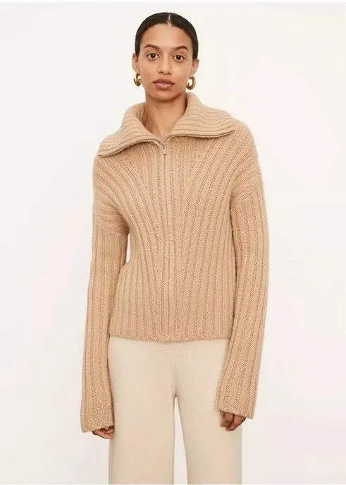 Rib Transfer Zip Up Cardigan (Chamois)