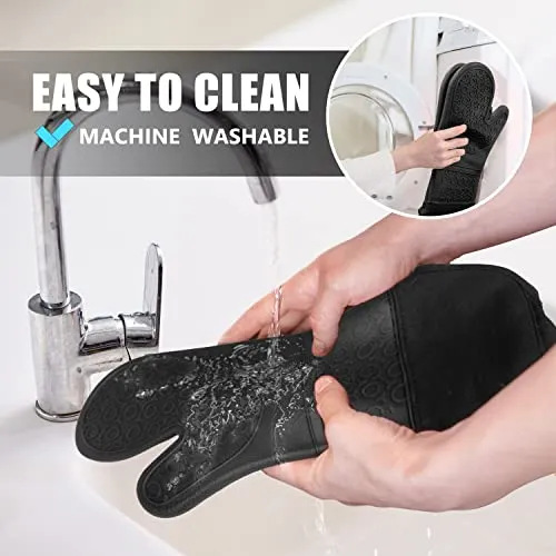Rorecay Extra Long Oven Mitts and Pot Holders Sets: Heat Resistant Silicone Oven Mittens with Mini Oven Gloves and Hot Pads Potholders for Kitchen Baking Cooking, Quilted Liner, Black, Pack of 6