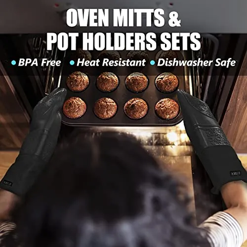 Rorecay Extra Long Oven Mitts and Pot Holders Sets: Heat Resistant Silicone Oven Mittens with Mini Oven Gloves and Hot Pads Potholders for Kitchen Baking Cooking, Quilted Liner, Black, Pack of 6