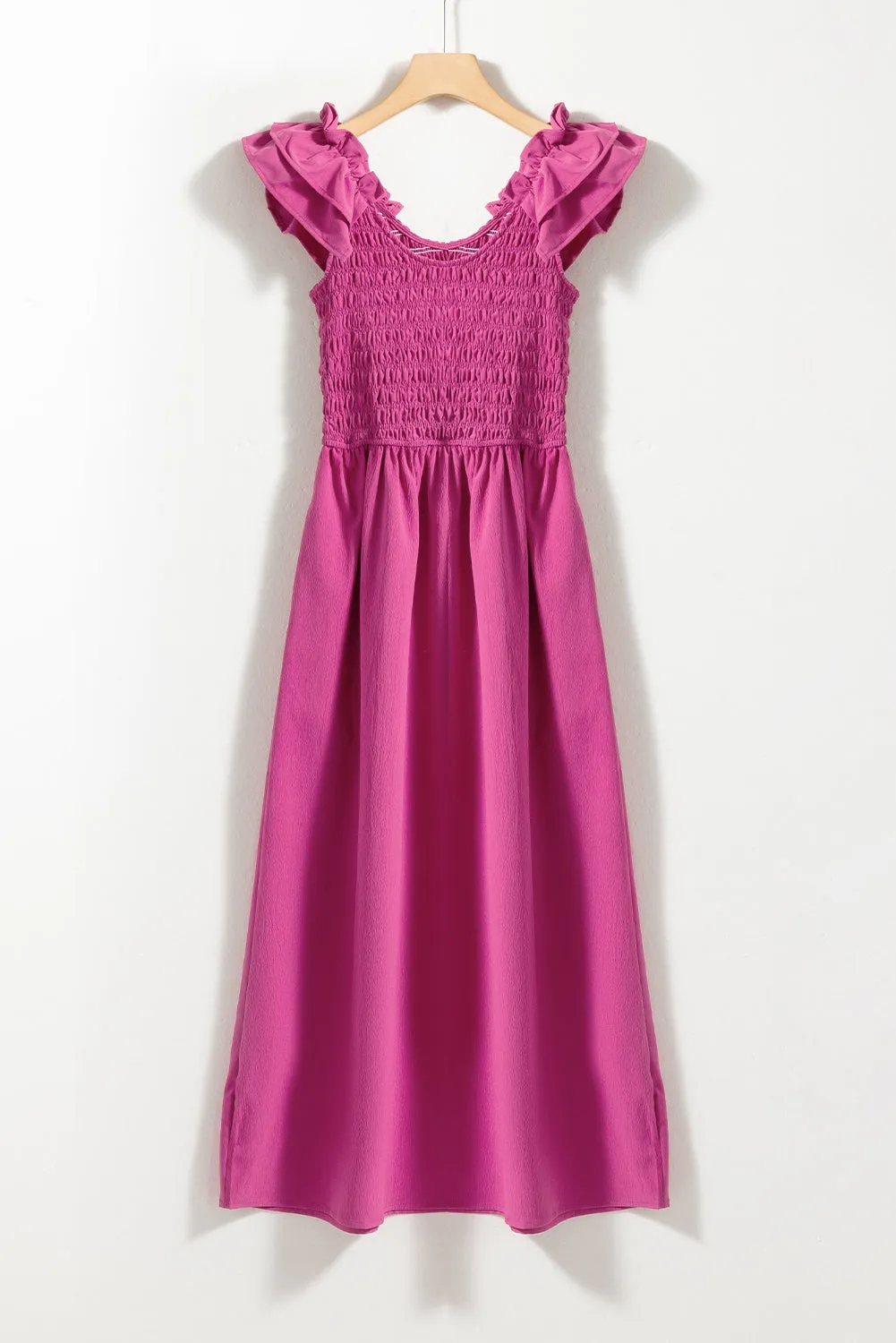 Rose Red Crinkled Ruffle Strap Smocked Midi Dress