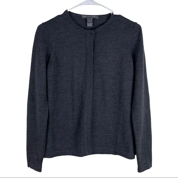 Saks Fifth Avenue Cardigan 100% Merino Wool Gray Women’s Sz S Italy Black Label