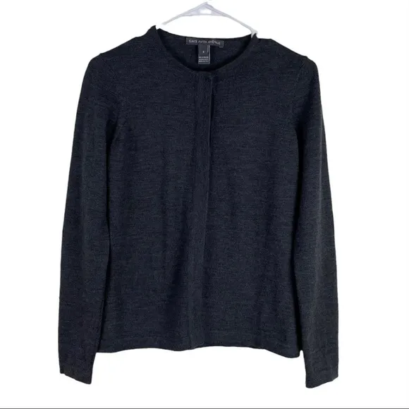 Saks Fifth Avenue Cardigan 100% Merino Wool Gray Women’s Sz S Italy Black Label