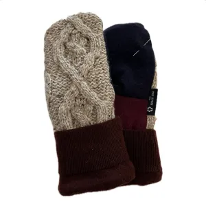 SALE Women's Mittens - Tan & Navy Small Stitching Repair - 1505