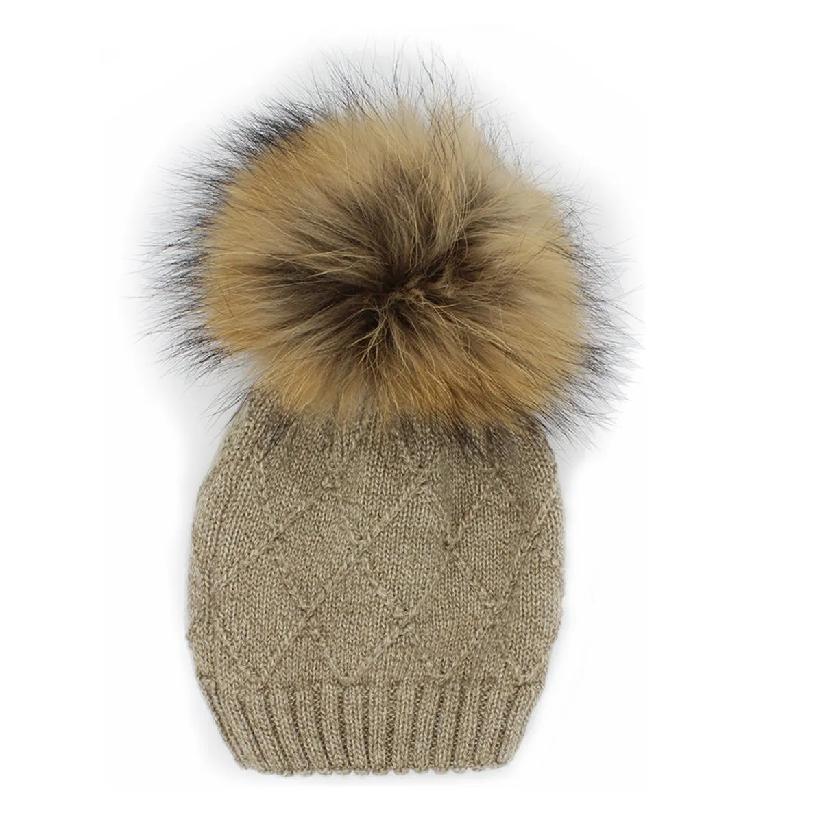 Sand Chunky Knit Fur Pom Pom Hat