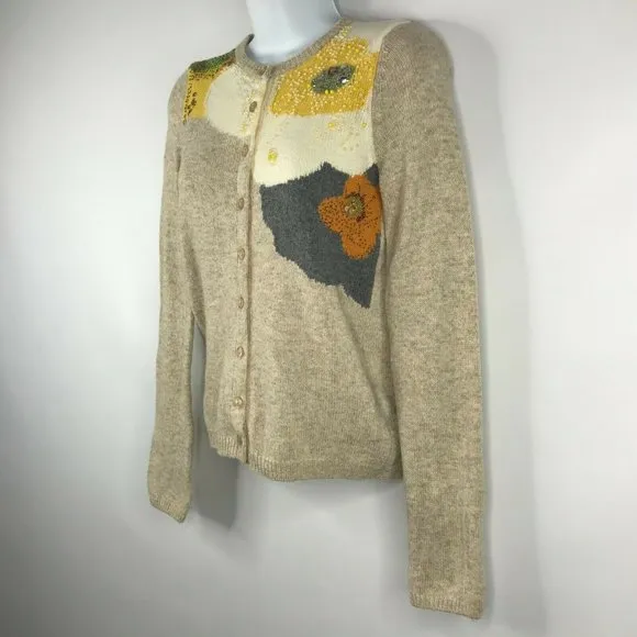 Sparrow Anthropologie Carlotta Oatmeal Beaded Sequin Floral Cardigan Swe…