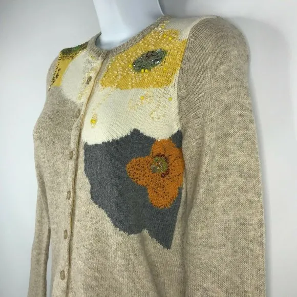 Sparrow Anthropologie Carlotta Oatmeal Beaded Sequin Floral Cardigan Swe…
