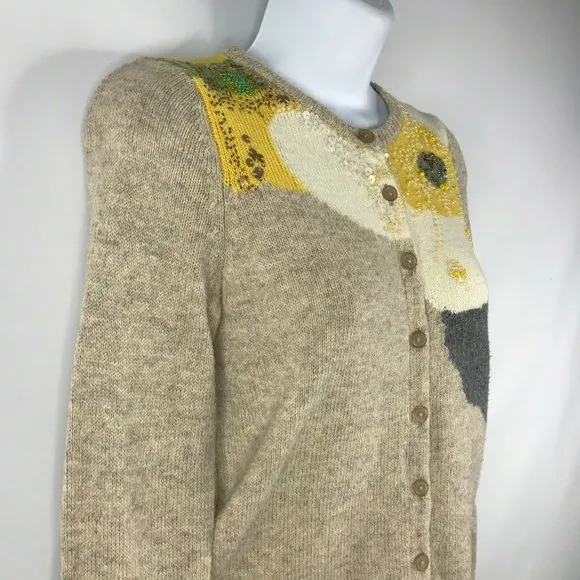 Sparrow Anthropologie Carlotta Oatmeal Beaded Sequin Floral Cardigan Swe…