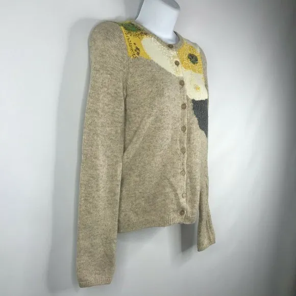 Sparrow Anthropologie Carlotta Oatmeal Beaded Sequin Floral Cardigan Swe…