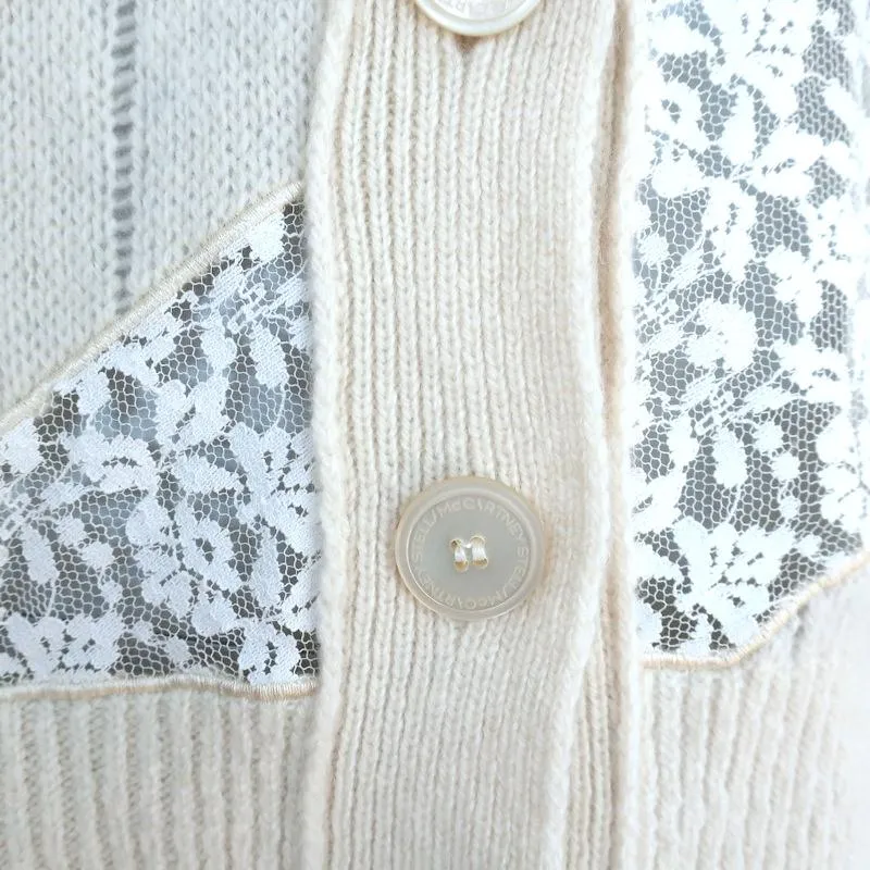 Stella McCartney Cardigan Cream Lace-Trim Cashmere-Wool Size 36 V-Neck Sweater