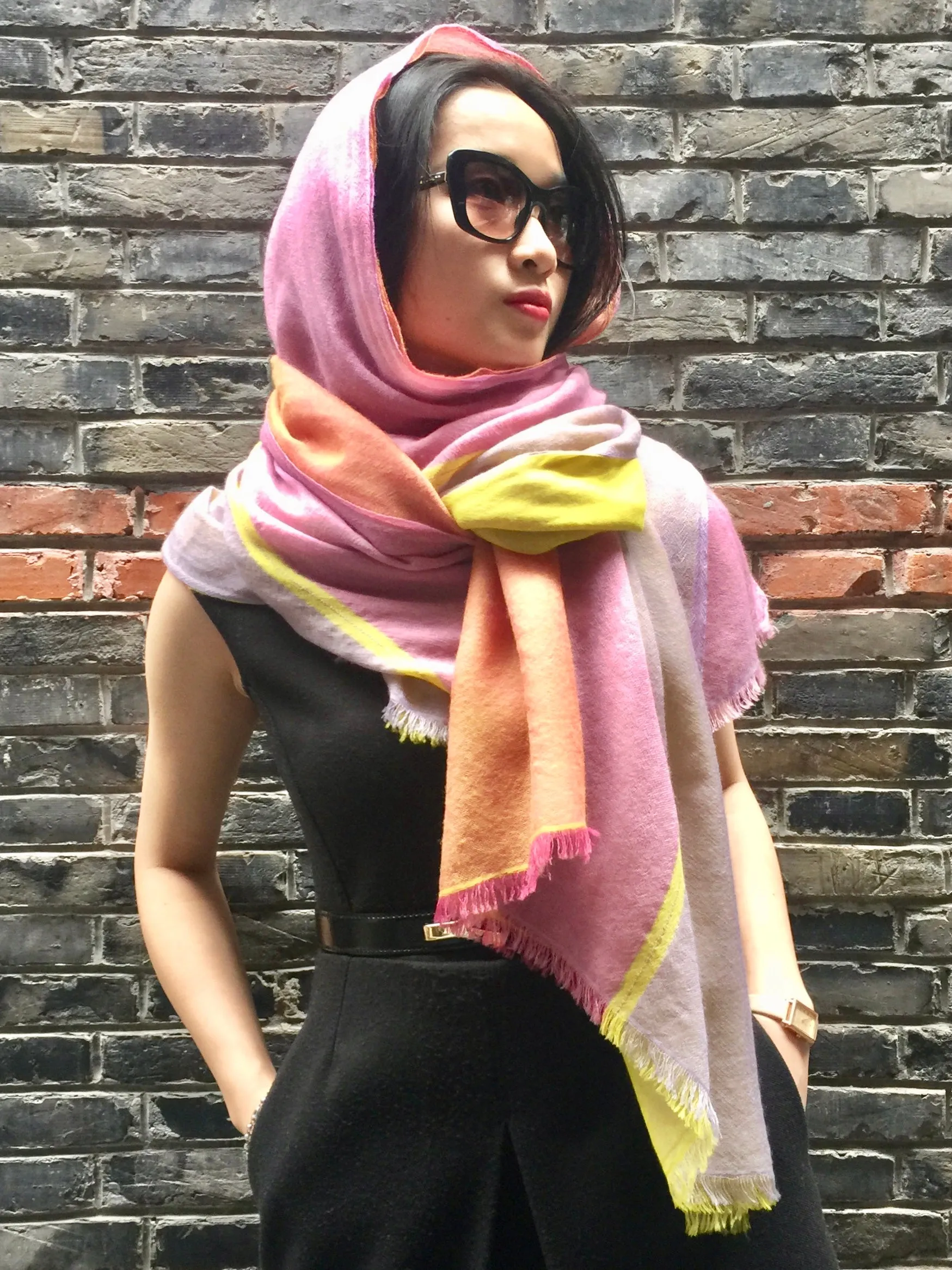 Stunning Quadra Cashmere Scarf - Bright Yellow & Pink