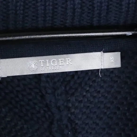 TIGER OF SWEDEN Ina Wool Acrylic Full Zip Cable Knit Navy Blue Sweater