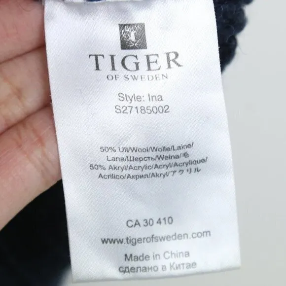 TIGER OF SWEDEN Ina Wool Acrylic Full Zip Cable Knit Navy Blue Sweater