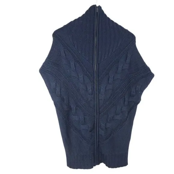 TIGER OF SWEDEN Ina Wool Acrylic Full Zip Cable Knit Navy Blue Sweater