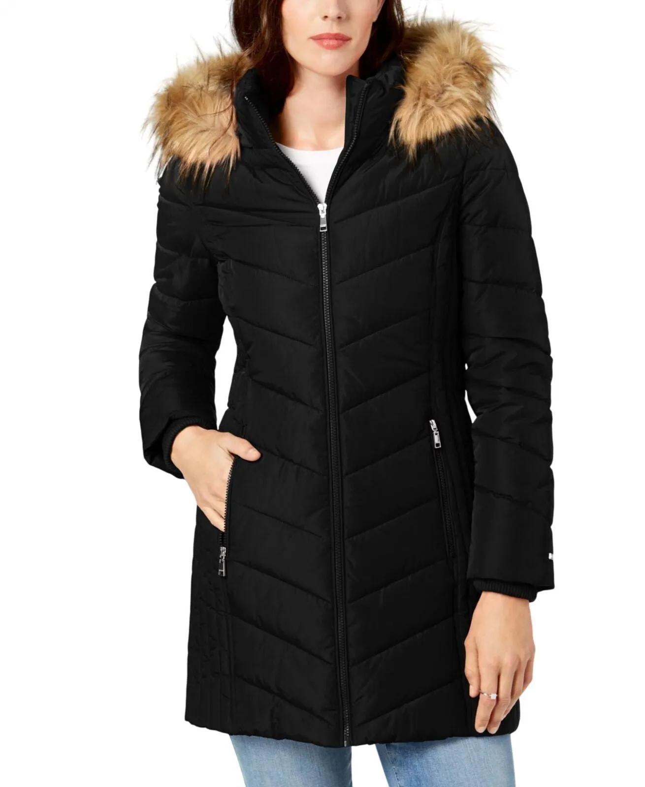 Tommy Hilfiger Womens Faux-Fur-Trim Hooded Chevron Puffer Coat Black XS