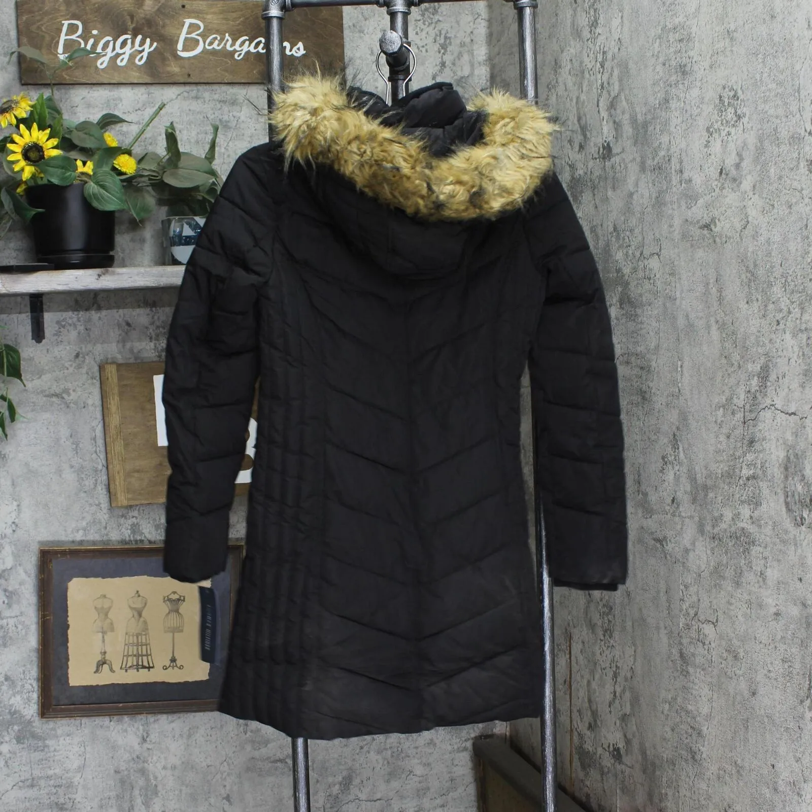 Tommy Hilfiger Womens Faux-Fur-Trim Hooded Chevron Puffer Coat Black XS