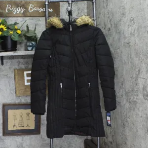 Tommy Hilfiger Womens Faux-Fur-Trim Hooded Chevron Puffer Coat Black XS