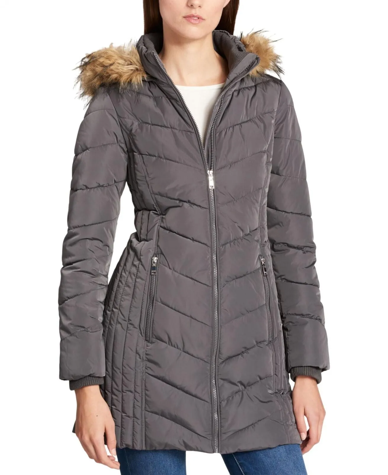 Tommy Hilfiger Womens Faux-Fur-Trim Hooded Chevron Puffer Coat TW8MP280 Gray S