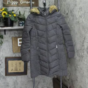 Tommy Hilfiger Womens Faux-Fur-Trim Hooded Chevron Puffer Coat TW8MP280 Gray S