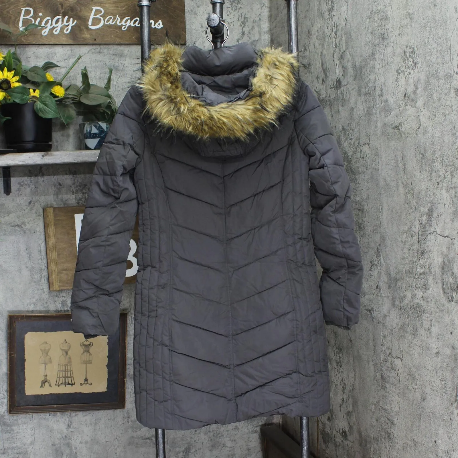 Tommy Hilfiger Womens Faux-Fur-Trim Hooded Chevron Puffer Coat TW8MP280 Gray S