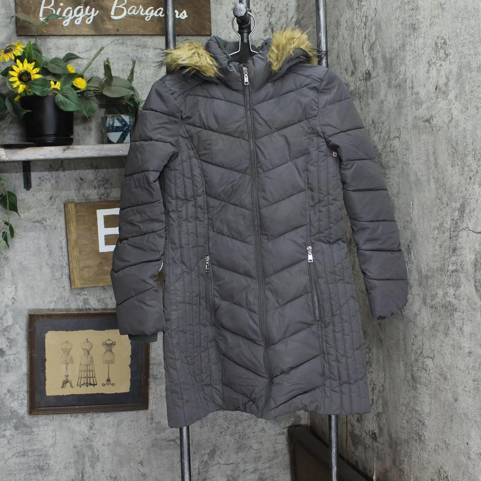 Tommy Hilfiger Womens Faux-Fur-Trim Hooded Chevron Puffer Coat TW8MP280 Gray S