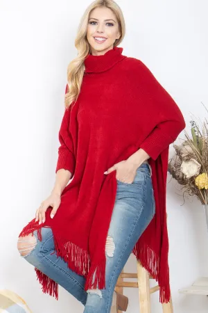 TURTLE NECK WITH SLEEVE KNIT FRINGE PONCHO