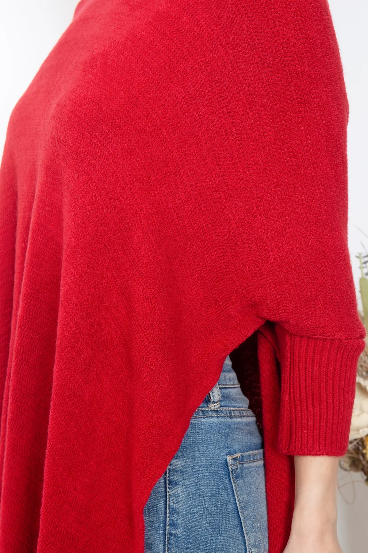 TURTLE NECK WITH SLEEVE KNIT FRINGE PONCHO