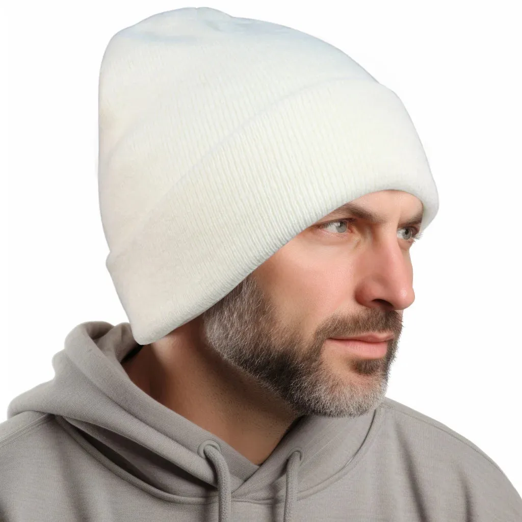 Unisex Acrylic Knit Beanie - Cozy Winter Ski Cap in Solid Colors for Men & Women - Stretchy Cuffed Skull Hat for Warmth and Style Ivory