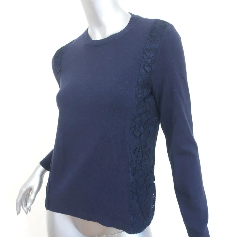 Valentino Sweater Navy Lace-Paneled Wool-Cashmere Size Small Crewneck Pullover