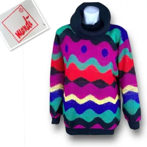 Vintage 1980’s Mondi Multicolor Chunky Color Black Cowl-neck Sweater Pullover L