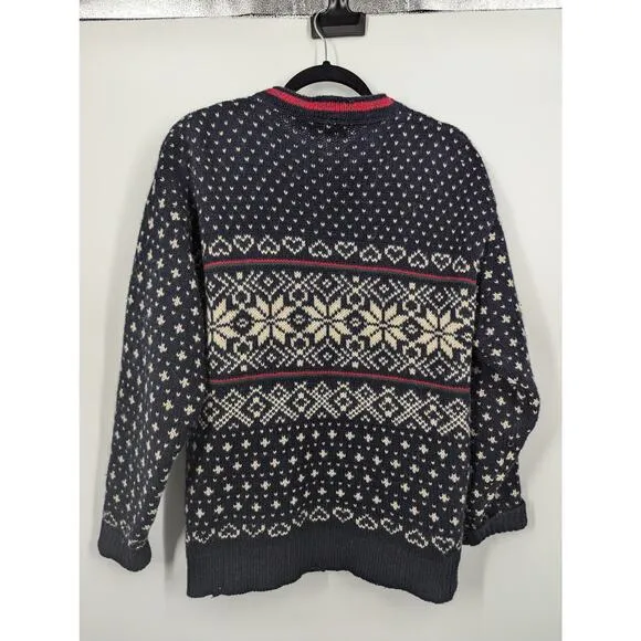 Vintage L.L. Bean Blue Red White Chunky Knit Fair Isle Cardigan Sweater Large